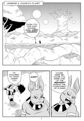 2boys black_and_white bowing cabba champa comic dragon_ball dragon_ball_super english_text funsexydragonball monochrome page_1 saiyan