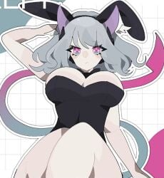 big_breasts bunny_ears bunny_girl bunnysuit devil_horns devil_tail grey_hair indie_virtual_youtuber motherv3 nru6c virtual_youtuber vtuber white_hair