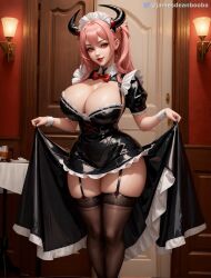 ai_generated big_breasts bimbo busty cleavage corset demon demon_girl devil_horns garter garter_straps grin horns jamesdeanbooba legwear lifting_dress maid maid_outfit maid_uniform original_character red_eyes smile smiling stable_diffusion stockings thick_thighs