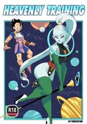 1boy 1girls angel_(dragon_ball) big_breasts blush breasts cabba dragon_ball dragon_ball_super funsexydragonball high_heels holding_object long_hair long_legs ponytail saiyan thick_thighs thighhighs thighs vados