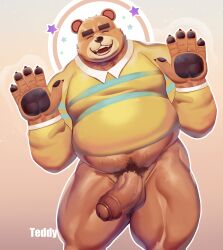 animal_crossing anthro balls bear blush boner closed_eyes dsharp_k erection furry hands hands_up male male_only nintendo overweight pantsless penis shirt solo solo_male sweat sweating teddy_(animal_crossing) ursid