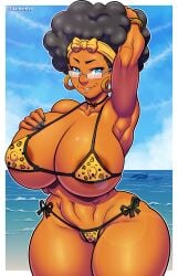 1girls afro areola_slip armpits bandana big_breasts bikini black_hair blue_eyes cameltoe commission dark-skinned_female dark_skin darkereve earrings female female_only gilf glasses hand_on_hair hi_res leopard_print leopard_print_bikini looking_at_viewer mature mature_female nipple_bulge original_character rita_cadela sea smiling smiling_at_viewer solo thick_thighs three-quarter_portrait wide_hips