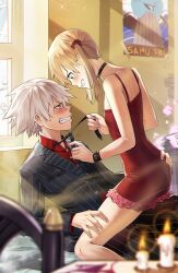 ass blush clothed couple dress hand_on_butt hand_on_thigh intimate maka_albarn petite romantic skinny smiling_at_each_other smiling_at_partner soul_eater soul_eater_evans straddling suit tagme teenager tie_pull untying waligner younger_female