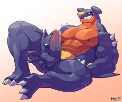 anthro clothed clothing dragon garchomp generation_4_pokemon genitals lying male muscular muscular_anthro muscular_male nintendo nipples nude on_back pecs penis pokemon pokemon_(species) scalie simple_background solo spikes spikes_(anatomy) teeth topless voviat