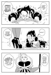 1boy 1girls angel_(dragon_ball) big_breasts black_and_white blush breasts cabba comic dragon_ball dragon_ball_super english_text funsexydragonball high_heels holding_object monochrome page_6 ponytail saiyan sweating vados weights