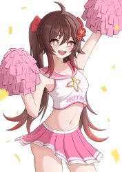 belly brown_hair cheerleader crop_top flowers_in_hair genshin_impact hair_ribbon hu_tao_(genshin_impact) miniskirt navel no_bra no_panties pink_pom_poms pink_skirt red_eyes skirt thighs twintails