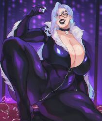 1girls black_cat_(cosplay) black_legwear bodysuit breasts cleavage female female_only large_breasts lipstick looking_at_viewer marvel mole_on_breast mole_under_mouth original original_character osoretic setsuna_(osoretics) smile solo thick_thighs wide_hips