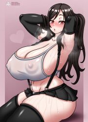 1girls :o areolae arm_gloves armpits arms arms_behind_head arms_up ass big_ass black_hair blush cleavage cleavage_overflow clothes curvaceous curvy final_fantasy final_fantasy_vii heart huge_ass light-skinned_female light_skin long_hair looking_at_viewer miniskirt navel nipple_bulge nipples nipples_visible_through_clothing overflowing_breasts puffy_areola red_eyes see-through see-through_top sideboob sidelocks simple_background sitting skirt solo square_enix steamy sweat sweaty takilmar tank_top thick_thighs thighhighs tifa_lockhart voluptuous watermark wet