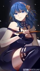 1girls blue_eyes byleth_(fire_emblem) byleth_(fire_emblem)_(female) chocojax cosplay dagger dress female female_only fire_emblem fire_emblem:_three_houses highres knife looking_at_viewer nintendo solo spy_x_family stockings teal_hair thighs weapon yor_briar_(cosplay)