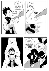 1boy 1girls angel_(dragon_ball) big_breasts black_and_white blush breasts bunny_girl cabba comic dragon_ball dragon_ball_super funsexydragonball high_heels monochrome page_17 ponytail removing_clothing saiyan vados weights