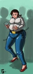 1girls astralantipode belt big_ass big_belly big_breasts big_thighs body_inflation brown_eyes brown_hair button_down_shirt buttons earrings inflation jeans light-skinned_female party red_lipstick red_shoes tagme white_shirt wine wine_glass