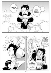 1boy 1girls angel_(dragon_ball) big_breasts bigger_female black_and_white blush breasts cabba comic dragon_ball dragon_ball_super english_text funsexydragonball grabbing_from_behind happy legs_crossed monochrome page_10 ponytail saiyan smaller_male vados weights