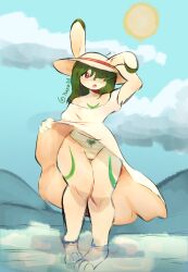 2023 anthro beach clothed clothing curvaceous curvy_figure digital_media_(artwork) female fluffy fully_clothed green_hair hair hi_res lagomorph leporid long_hair looking_at_viewer looking_back looking_back_at_viewer mammal rabbit seaside solo sonofan standing underwear voluptuous