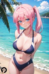 ai_generated arms_behind_back bangs bare_shoulders beach bikini blue_bikini blue_eyes blush breasts cleavage closed_mouth collarbone cowboy_shot day female kawaii_dake_ja_nai_shikimori-san large_breasts long_hair looking_at_viewer navel ocean outdoors pikkiwynn pink_hair shikimori_micchon side_ponytail sky smile solo stomach swimsuit water