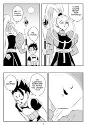 1boy 1girls angel_(dragon_ball) big_breasts black_and_white bowing breasts cabba comic dragon_ball dragon_ball_super funsexydragonball holding_object monochrome page_3 ponytail saiyan vados