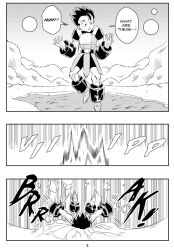 1boy black_and_white cabba comic dragon_ball dragon_ball_super falling funsexydragonball monochrome page_5 saiyan training_weights weights