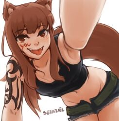 1female 1girls 1woman animal_ears black_lagoon commentary english_commentary female female_focus female_only high_resolution highres holo looking_at_viewer red_eyes revy revy_(cosplay) seraziel short_shorts shorts solo solo_female spice_and_wolf tagme tail tattoed_girl tattoo tattoo_on_arm tattooed_arm tattooed_female tattooed_girl wolf_ears wolf_girl wolf_tail woman