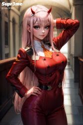 1girls ai_generated breasts breasts cowboy_shot darling_in_the_franxx female female female_focus female_only green_eyes hand_on_hip horns long_hair looking_at_viewer medium_breasts pink_hair small_waist smile solo solo_female solo_focus supr3metr uniform zero_two_(darling_in_the_franxx)