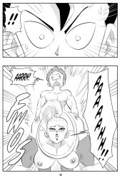 1boy 1girls ass big_ass big_breasts black_and_white blush breasts cabba comic dragon_ball dragon_ball_super funsexydragonball long_hair monochrome nipples on_hands_and_knees page_38 saiyan thighhighs vados