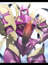 armor bandai_namco blue_maoh_6 crusadermon digimon digimon_(species) erection featureless_face genitals girly hi_res humanoid knight lordknightmon low-angle_view male penis pink_body presenting presenting_penis royal_knights solo warrior