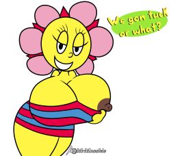 2021 big_breasts breasts brown_nipples cleavage looking_at_viewer mrmasskie newgrounds_username parappa_the_rapper sunny_funny tagme talking_to_viewer teasing text text_bubble thick_thighs white_background yellow_skin yellow_text