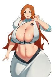 1girls 2023 areola areola_slip areolae asolhoe big_breasts bleach bleach:_the_thousand-year_blood_war brown_eyes female female_focus female_only hair_ornament hi_res high_resolution highres huge_breasts inoue_orihime large_breasts light-skinned_female light_skin long_hair midriff netorare ntr orange_hair queen_of_spades revealing_clothes solo solo_female solo_focus spade spade_tattoo veiny_breasts white_background