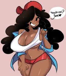 bro_(murgoten) cap cleavage dark-skinned_female fanart female huge_breasts lifting_shirt missandydandy original_character solo spoken_heart wide_hips