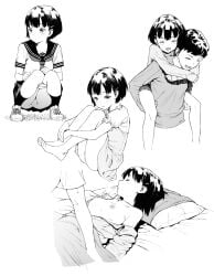 1boy barefoot breasts carrying clip_studio_paint_(medium) closed_eyes dress female full_body hair_ornament hairclip highres lying monochrome moyahara multiple_views neckerchief on_back original panties panty_pull piggyback pillow pussy sailor_collar school_uniform serafuku shoes short_hair sleep_molestation sleeping small_breasts smile sneakers squatting underwear