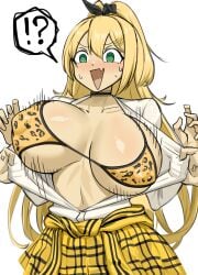 !? 1girls ambiguous_gender anger_vein bikini blonde_hair breasts choker collarbone covered_nipples cowboy_shot embarrassed goddess_of_victory:_nikke goma. green_eyes gyaru hi_res jacket jacket_around_waist large_breasts leopard_print long_hair nipple_bulge oerba_yun_fang open_clothes open_mouth pleated_skirt ponytail pov pov_hands rupee_(nikke) simple_background skirt solo_focus speech_bubble surprised sweat white_background white_shirt yellow_bikini yellow_jacket yellow_skirt