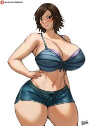 1girls 2d 2d_(artwork) alternate_breast_size artist_signature batako batako1812 batako_(batakoart) big_breasts bikini blue_bra blue_shorts blush bra breasts brown_eyes brown_hair brunette dolphin_shorts female hand_on_own_hip huge_breasts kazama_asuka large_breasts light-skinned_female light_skin looking_at_viewer navel pants patreon_logo patreon_username short_hair shorts simple_background smile solo standing swimsuit tekken thick_thighs thighs tomboy tummy underwear white_background wide_hips