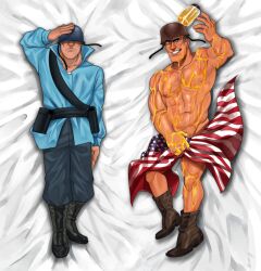 almost_naked american_flag covering_crotch dakimakura fit_male honey muscular_male pinup silodise soldier_(team_fortress_2) solo_male team_fortress_2