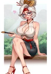 1girls big_breasts big_lips black_skirt bottomwear breasts cleavage clothing darkmoney1 eyewear female footwear glasses hair hair_ornament heart heels high_heels huge_breasts legs legs_crossed lips nintendo pencil_skirt purah purah_(tears_of_the_kingdom) red_eyes skirt solo solo_female tears_of_the_kingdom the_legend_of_zelda thick_lips thighs topwear white_hair