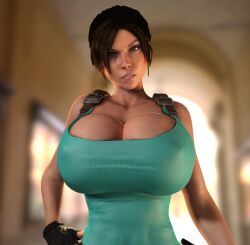 1girls 3d 3d_(artwork) alternate_breast_size big_breasts bimbo boots breasts breasts_bigger_than_head brown_eyes brown_hair cleavage cleavage_overflow female female_only female_solo fingerless_gloves gigantic_breasts gloves hourglass_figure huge_breasts lara_croft lara_croft_(cosplay) large_breasts looking_at_viewer nipple_bulge nipples nipples_visible_through_clothing no_bra oc original_character short_shorts shorts solo solo_female tank_top tomb_raider vaako wide_hips