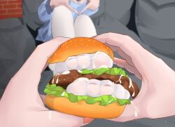 1boy 1girls ai_generated burger feet_burger food foot_fetish foot_focus heart meme pantyhose