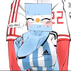 1boy 1girls adidas argentina_(countryhumans) big_breasts blush countryhumans countryhumans_girl english_text female male meme messirve mexico_(countryhumans) pink_strawberry_look_(artist) shitpost text