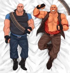 bara bara_tiddies bara_tits bed bed_sheet dakimakura dakimakura_design gay heavy_weapons_guy larger_male male_only pinup sheets silodise suggestive team_fortress_2 video_games