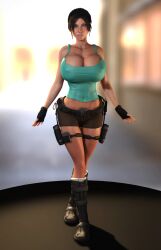 1girls 3d 3d_(artwork) alternate_breast_size big_breasts bimbo boots breasts breasts_bigger_than_head brown_eyes brown_hair cleavage cleavage_overflow female female_only female_solo fingerless_gloves gigantic_breasts gloves hourglass_figure huge_breasts lara_croft lara_croft_(cosplay) large_breasts looking_at_viewer navel nipple_bulge nipples nipples_visible_through_clothing no_bra oc original_character short_shorts shorts solo solo_female tank_top thick_thighs tomb_raider vaako wide_hips