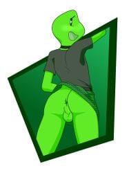 <3_eyes 2023 alpha_channel amphibian anthro anus ass backsack balls biped blush border bottomless bottomwear choker clothed clothing clothing_lift eyebrows frog frogdor genitals green_body green_border green_bottomwear green_clothing green_skin green_skirt grey_clothing grey_shirt grey_topwear heart jewelry looking_at_viewer looking_back looking_back_at_viewer male necklace open_mouth outside_border rear_view shirt simple_background skirt skirt_lift solo thanu topwear transparent_background