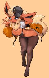 1girls big_breasts blush bra breasts cleavage clothed clothing creatures_(company) ear female female_only fingers flareon fur furry game_freak generation_1_pokemon hair hat heart leggings legs mouth nintendo open_mouth pokémon_(species) pokemon pokemon_(species) pokemon_rgby stockings tail tongue tongue_out url v yoru_vida