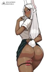 1girls ass bottomless bottomless_skirt breasts brown_skin bubble_butt dark-skinned_female dark_skin dat_ass donburikazoku female female_only hi_res large_ass large_breasts long_hair miniskirt miruko my_hero_academia no_panties rabbit_ears red_eyes rumi_usagiyama school_uniform sex_toy skirt skirt_lift solo sweat thigh_strap white_hair