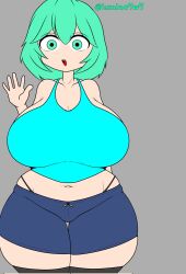 big_ass big_breasts big_butt big_thighs blue_bra green_eyes lumina7w7 open_mouth original_character shorts teal_hair thighhighs