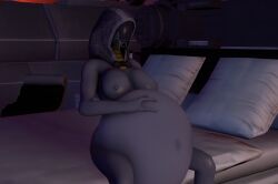 1girls 3d alien bed belly big_belly big_breasts breasts cheezycake female female_pred huge_belly mask mass_effect nipples on_bed purple_skin quarian same_size_vore small_breasts tali'zorah_nar_rayya vore