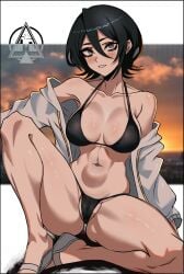 1girls beach belly_button black_hair bleach blush breasts cleavage curvy dizzle dizzle_tan female female_only jacket kuchiki_rukia open_clothes open_jacket short_hair skimpy skimpy_bikini solo spread_legs thick_thighs toned toned_female