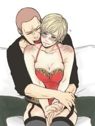 1boy 1girls blonde_hair blush breast_squish buzz_cut cleavage cute embarrassed female garter_straps heavy_blush hugging hugging_from_behind jake_muller lingerie male male/female on_lap resident_evil resident_evil_6 sherry_birkin short_hair_female shy straight thighhighs thighs wholesome