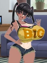 araruck bangs black_hair blush bratty breasts cleavage couch cowboy_shot crop_top cutoffs denim denim_shorts female hair_between_eyes hand_on_hip huge_breasts indoors long_hair looking_at_viewer micro_shorts midriff mole mole_on_breast mole_on_stomach mole_on_thigh mole_under_eye navel oerba_yun_fang one-piece_tan open_mouth short_shorts shorts shortstack smile smug smug_face solo standing tan tanlines television thighs twintails