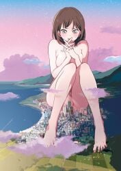 anime_style barefoot big_breasts blush blushing breasts brown_hair building city cityscape clouds day destruction feet giantess growth landscape_background legs macro macrophilia mebae mountain original pixiv short_hair sitting