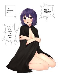 1girls black_cape black_cloak braid breasts cape cloak covering covering_breasts dialogue embarrassed fault_milestone female imminent_impregnation looking_at_viewer naked_cape naked_cloak nipple_slip nipples pink_eyes purple_hair ritona_reighnvhasta sitting solo speaking_to_viewer speech_bubble wariza white_background