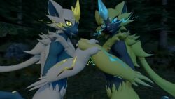 anthro electricity fit_female furry glowing glowing_eyes glowing_markings heart-shaped_pupils pokemon pokemon_(species) pov pov_eye_contact saliva saliva_string saliva_trail samtrix sfm source_filmmaker warfare_zeraora warfaremachine white_fur white_hair yellow_fur yellow_hair yuri zeraora