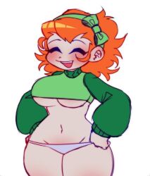 big_breasts blush brookenwingz closed_eyes crop_top female_pico genderswap genderswap_(mtf) hands_on_hips newgrounds orange_hair pico_(newgrounds) ribbon rule_63 smile sweater tagme thick_thighs thong underboob voluptuous wide_hips