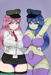 army_hat big_breasts blue_hair green_eyes green_skin lumina7w7 original_character panties pink_hair purple_bra purple_panties purple_thighhighs red_eyes skirt thick_ass thick_thighs thighhighs tie uniform white_skin